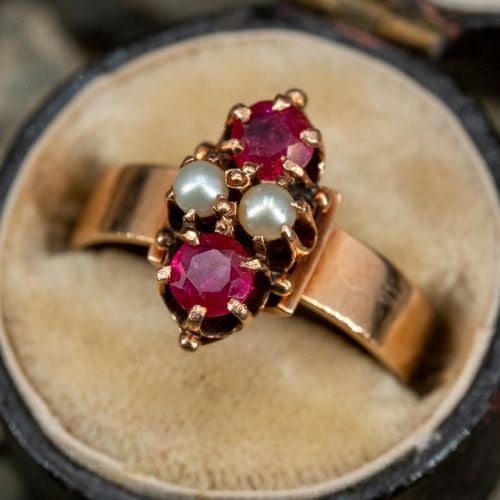 Antique Ruby & Seed Pearl Ring 14K Yellow Gold