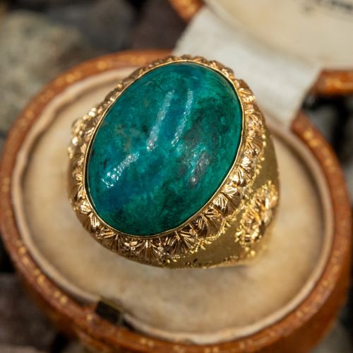 Estate Jewelry Vintage Chrysocolla Cabochon Cocktail Ring Ornate 18K Yellow Gold
