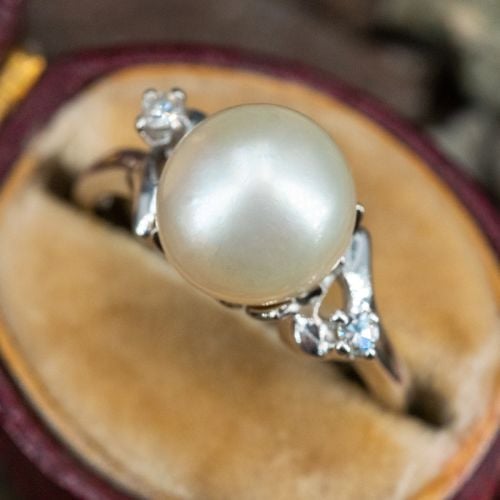 Estate Pearl & Diamond Ring 14K White Gold