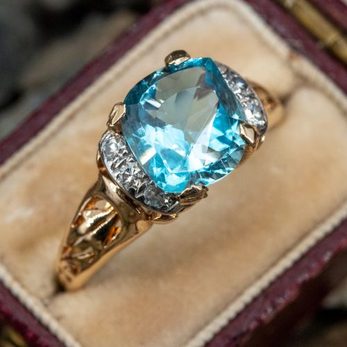 Aquamarine Gemstone & Single Cut Diamond Ring 14K Yellow Gold