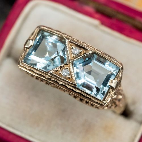Gorgeous Vintage Filigree Aquamarine Ring 14K White Gold