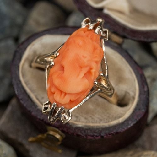 Vintage Carved Coral Cameo Ring Yellow Gold