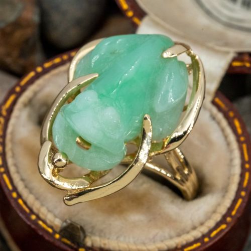 Unique Vintage Carved Jade Frog Ring 14K Yellow Gold