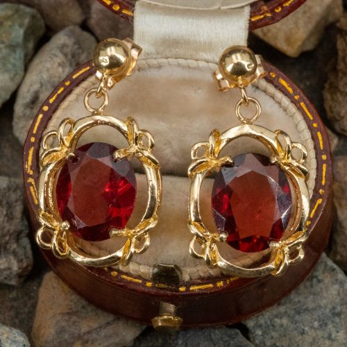 Oval Garnet Dangle Earrings 14K Yellow Gold 