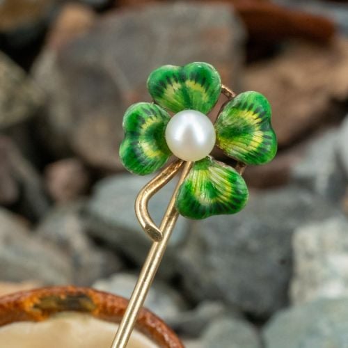 Green Enameled 4-Leaf Clover Stick Pin 14K Yellow Gold