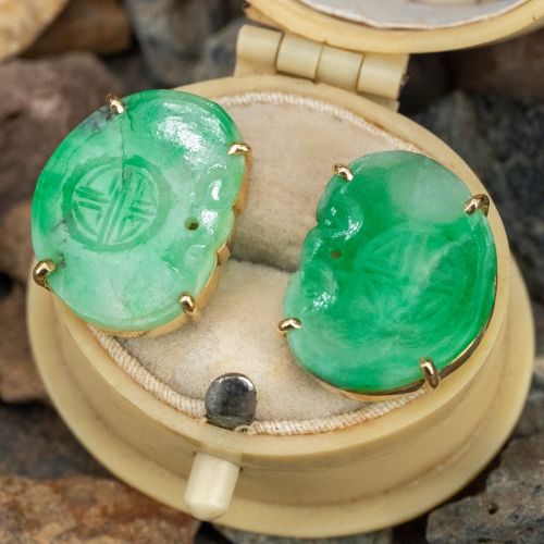 Carved Jadeite Jade Stud Earrings 14K Yellow Gold