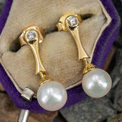 Diamond & Pearl Drop Earrings 18K Yellow Gold 