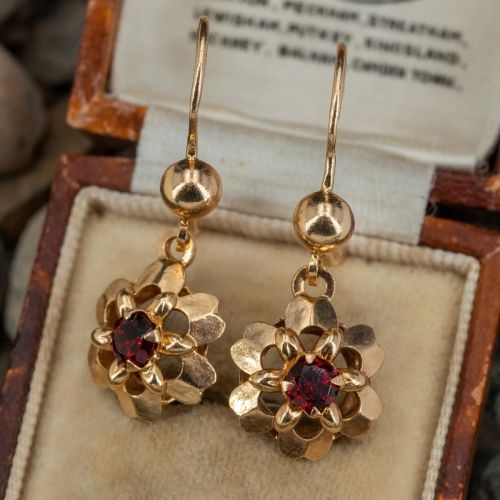 Floral Garnet Drop Earrings 14K Yellow Gold