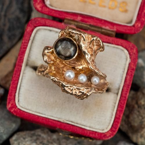 Beautiful Black Star Sapphire Ring w/ Pearl Accents 14K Yellow Gold