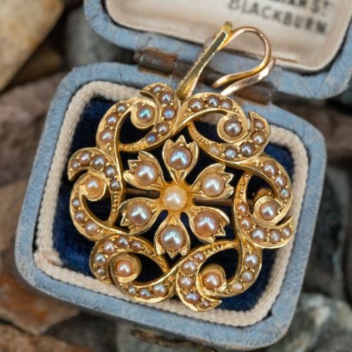 Vintage Seed Pearl Pendant Brooch 15K Yellow gold