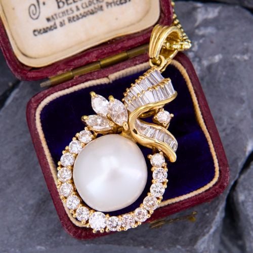 South Sea Pearl Pendant Necklace w/ Diamond Accents 18K Yellow Gold