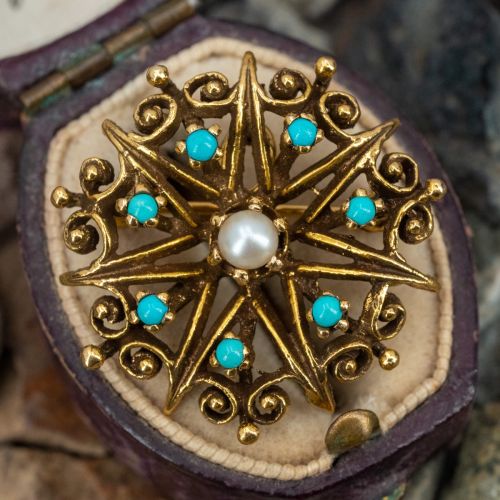 Vintage Pearl & Turquoise Pendant Brooch Pin 14K Yellow Gold