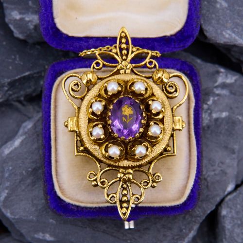 Victorian Amethyst & Pearl Pin/Pendant Necklace 14K Yellow Gold