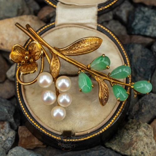 Floral Design Vintage Pearl & Jade Brooch Pin 14K Yellow Gold