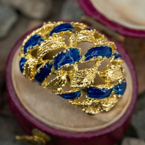 Vintage Cobalt Blue Enamel Dome Ring 18K Yellow Gold