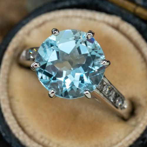 Beautiful Aquamarine Ring w/ Diamond Accents England Hallmarks