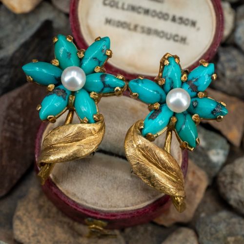 Estate Turquoise & Pearl Flower Earrings 14K Gold