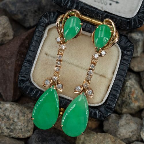 Gorgeous Jade & Diamond Earrings 14K Yellow Gold