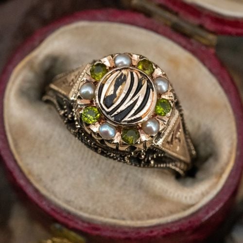 Estate UW Peridot and Seed Pearl Ring Yellow Gold