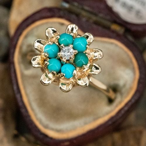 Diamond & Turquoise Flower Ring 14K Yellow Gold