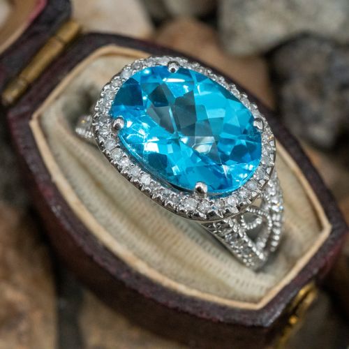 Lovely Blue Topaz & Diamond Halo Ring 14K White Gold