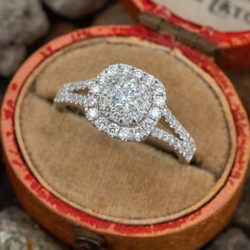 Diamond Halo Engagement Ring 14K White Gold .24ct F/I1