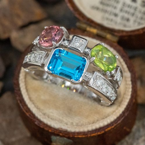 Colorful Gemstone & Diamond Ring 14K White Gold