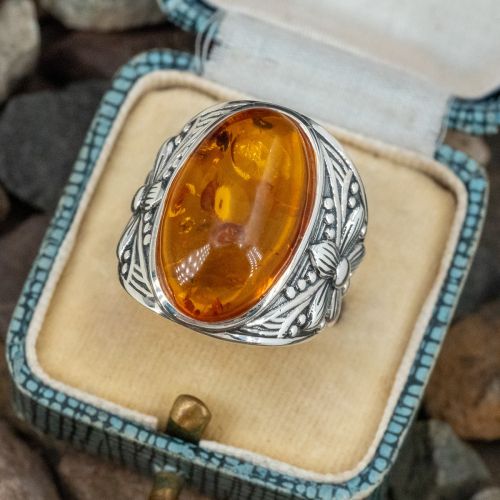 Oval Cabochon Amber Flower Ring .925 Sterling Silver