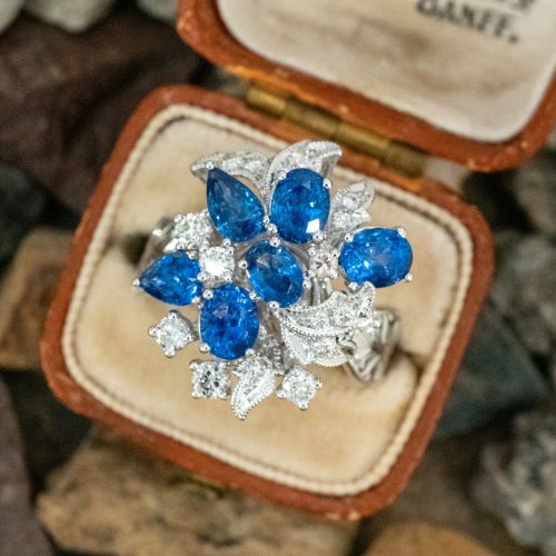 Blue Sapphire & Diamond Cluster Ring 18K White Gold