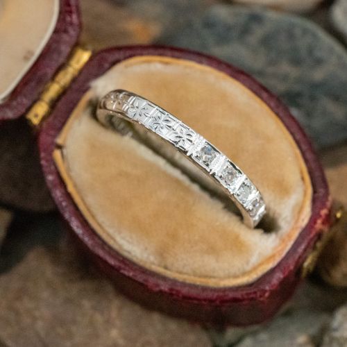 Etched Belais Diamond Wedding Band Ring 18K White Gold, Size 6.75