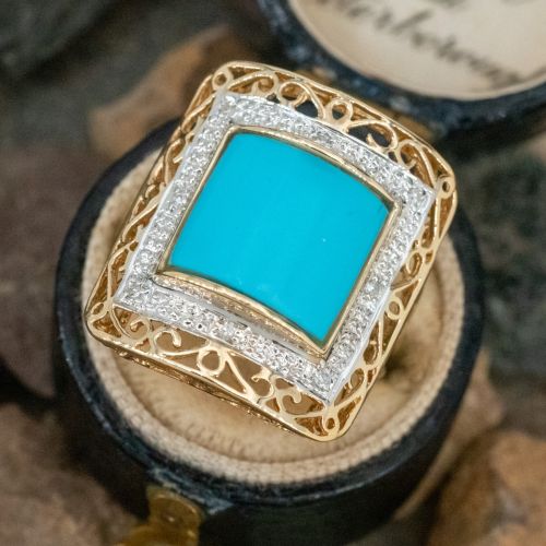 Turquoise Cabochon Ring w/ Diamond Accents 14K Gold
