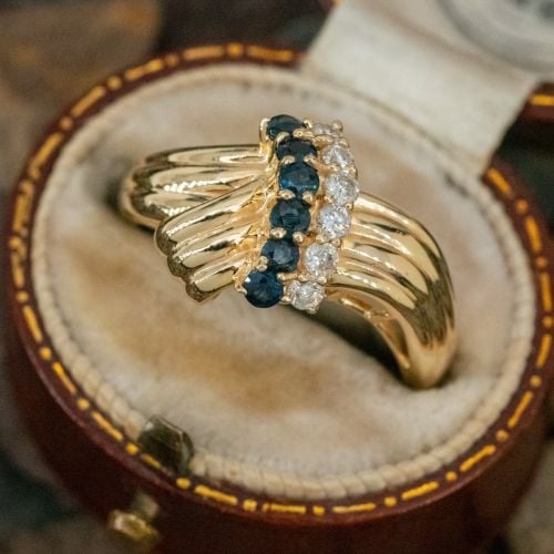 Sapphire & Diamond Ribbon Motif Ring 14K Yellow Gold