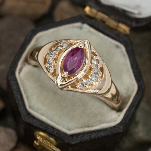 Beautiful Marquise Cut Ruby & Diamond Ring 14K Yellow Gold