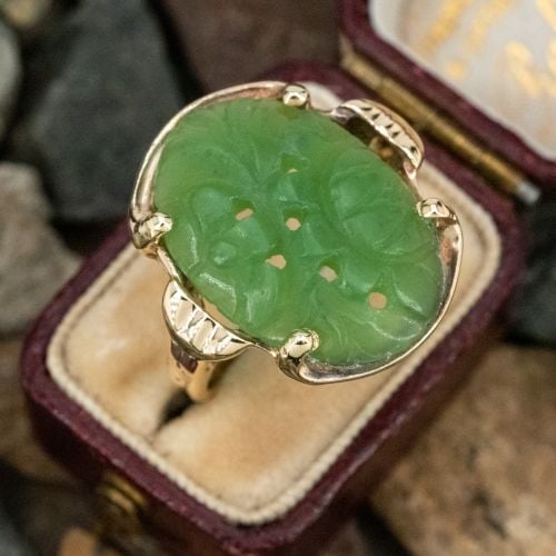 Carved Nephrite Jade Ring Yellow Gold
