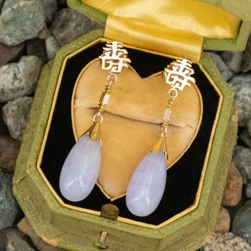 Vintage Teardrop Lavender Jade Earrings 18K Yellow Gold