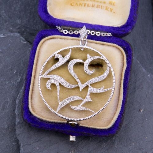 Adorable Love Circle Diamond Pendant Necklace w/ Enhancer 14K White Gold 