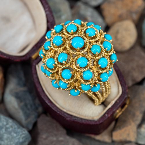 Gorgeous Domed Turquoise Ring 18K Yellow Gold Size 6