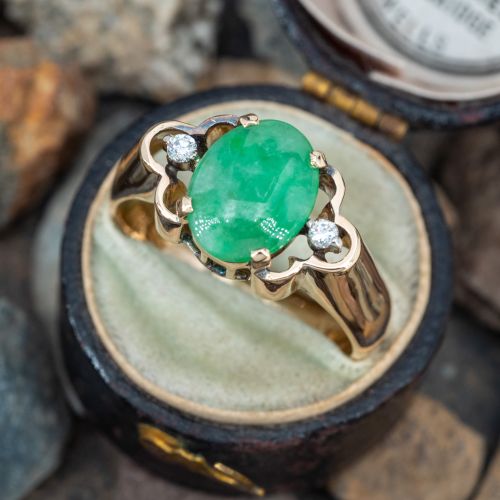 Vintage Jade Ring w/ Diamond Accents 14K Yellow Gold