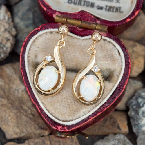 Lovely Opal & Diamond Dangle Earrings 14K Yellow Gold