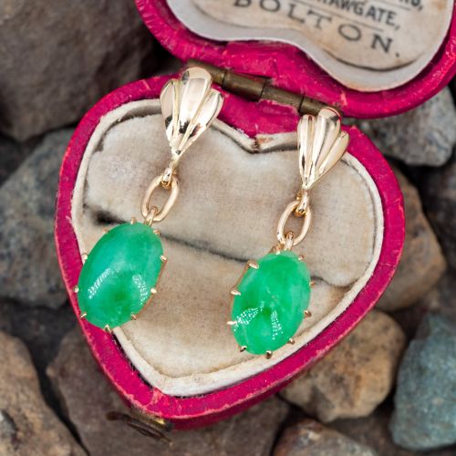 Lovely Oval Jade Drop Earrings 18K Yellow Gold
