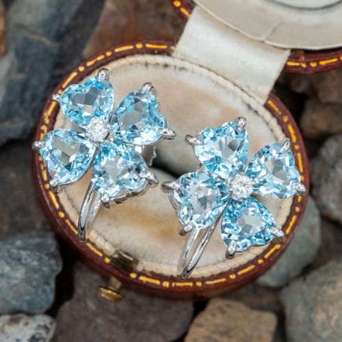 Vintage Aquamarine Heart Motif Earrings 14K White Gold