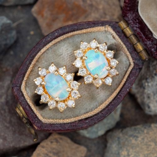 Gorgeous Diamond Halo Opal Earrings 14K Yellow Gold