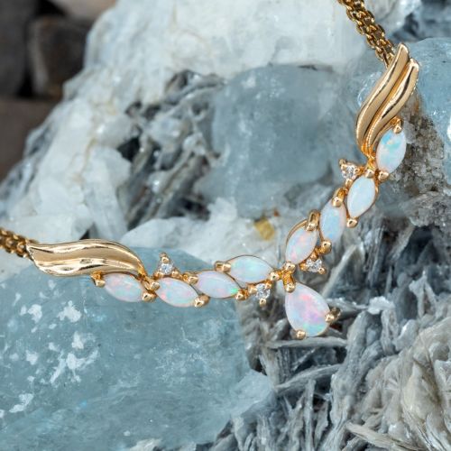 Opal & Diamond "V" Necklace14K Yellow Gold