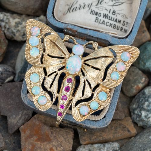 Beautiful Opal & Ruby Butterfly Brooch Pin 14K Yellow Gold