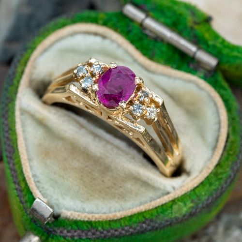 Pretty Ruby & Diamond Ring 14K Yellow Gold