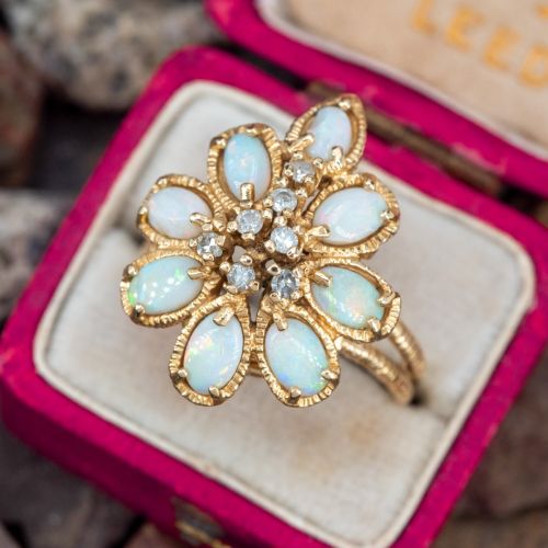 Pretty Textured Opal & Diamond Ring 14K Yellow Gold