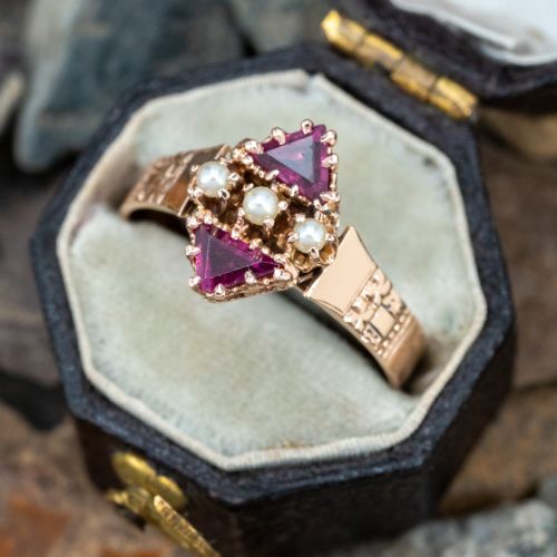 Lovely Triangle Cut Garnet & Pearl Ring Rose Gold 