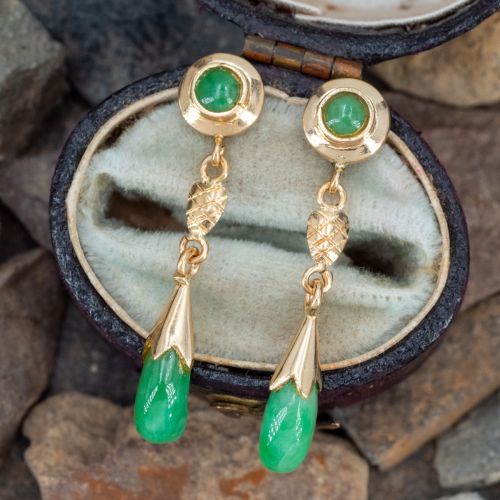 Petite Jadeite Jade Dangle Earrings 14K Yellow Gold
