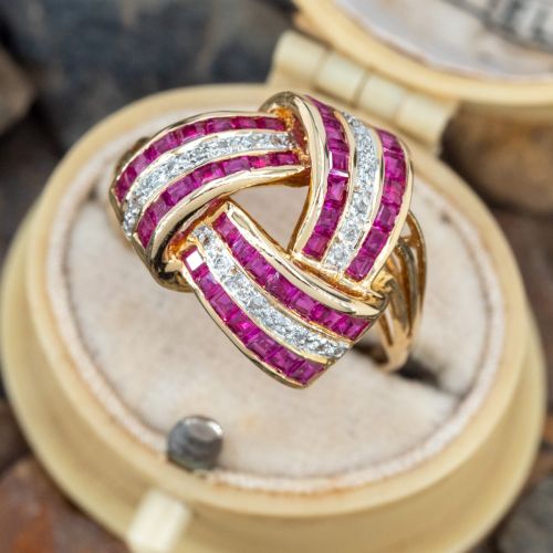 Elegant Channel Set Ruby Knot Ring 14K Yellow Gold