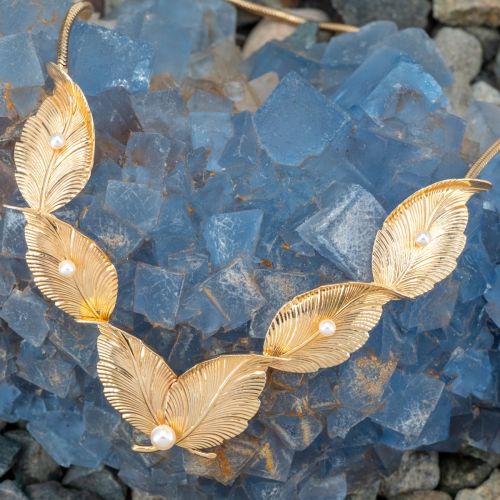 Beautiful Akoya Pearl Leaf Necklace 14K Yellow Gold